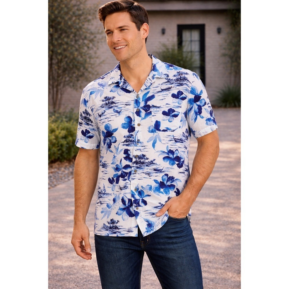 George Vintage Mens Hawaiian Tropical Floral Button Shirt Short Sleeve Blue M